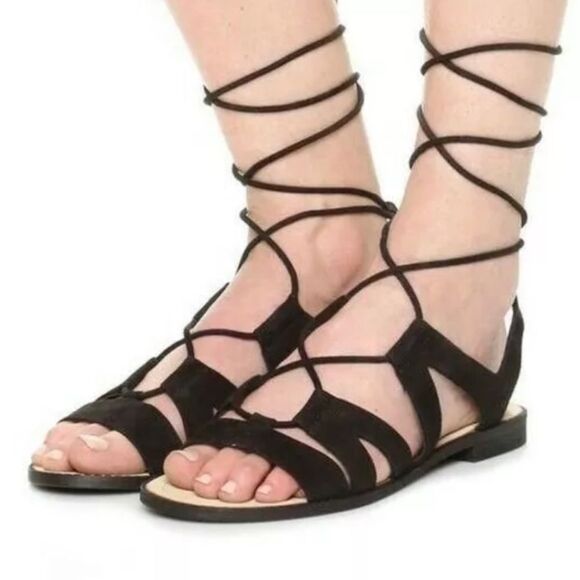 Rebecca Minkoff Women's Gladiator Lace Up Sandals 7 Black Suede Greyson Ghillie - Picture 1 of 16